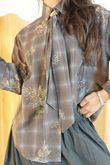 Zeta Otto Plaid Botanical Neck Tie Blouse Chocolate /7=